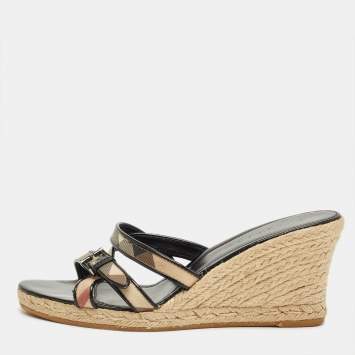 Pre Owned Burberry Beige/Black House Check Canvas and Patent Wedge Sandals Size 41