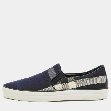 Pre Owned Burberry Navy Blue/Black Gauden Check Canvas Slip On Sneakers Size 38.5
