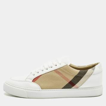 Pre Owned Burberry White/Beige Leather and House Check Canvas Salmond Sneakers Size 40
