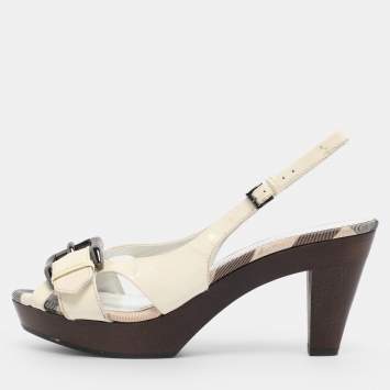 مملوكة مسبقًا Burberry Cream Patent Leather Buckle Embellished Slingback Sandals Size 37