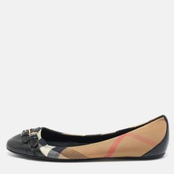 Pre Owned Burberry Avonwick Size 38 Beige/Black House Canvas and Leather Ballet Flats