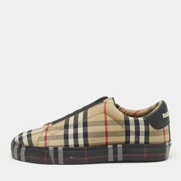 Pre Owned Burberry Markham Size 35 Beige Check Fabric and Leather Slip On Sneakers