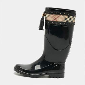 مملوكة مسبقًا Burberry Size 38 Black/Beige Canvas And Rubber Rain Boots 