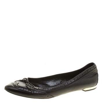 Pre Owned Burberry Black Brogue Leather Wingtip Detail Bow Ballet Flats Size 39.5