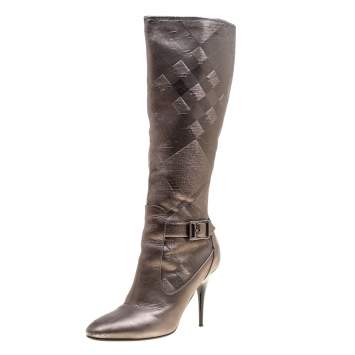Pre Owned Burberry Metallic Grey Textured Fabric and Leather Buckle Detail Calf Boots Size 37