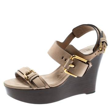 Pre Owned Burberry Beige Leather Buckle Detail Platform Wedge Sandals Size 37