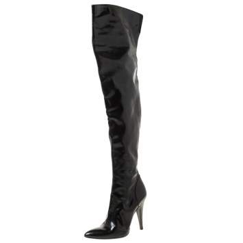 Pre Owned Burberry Black Leather Pointed Toe Zipped Thigh High Boots Size 39
