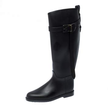 Pre Owned Burberry Black Leather Roscot Belted Rain Boots Size 36