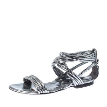 Pre Owned Burberry Metallic Silver Foil Leather Ankle Strap Flat Sandals Size 35
