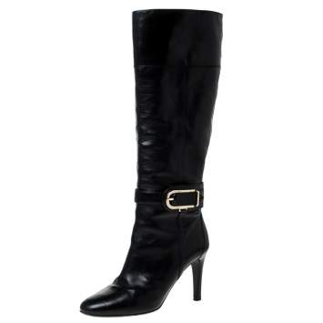Pre Owned Burberry Black Leather Buckle Pointed Toe Knee Length Boots Size 37