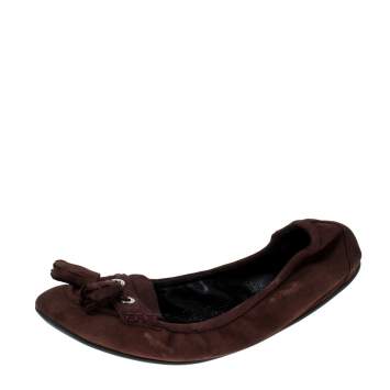 Pre Owned Burberry Brown Suede Tassel Scrunch Ballet Flat Size 39.5