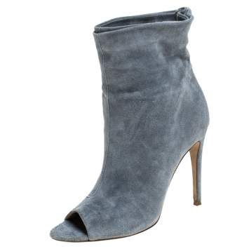 Pre Owned Burberry Grey Suede Leather Peep Toe Ankle Booties Size 37