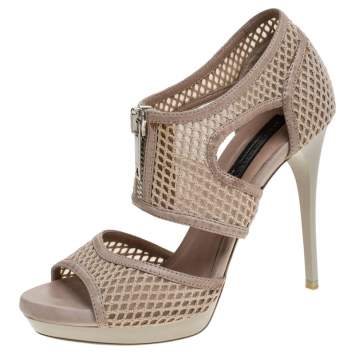 Pre Owned Burberry Beige Cotton Lace And Leather Trim Cut Out Platform Ankle Sandals Size 37