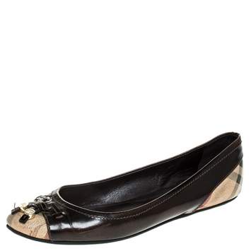 Pre Owned  Burberry Dark Brown Leather And Beige Canvas Bow Round Toe Ballet Flats Size 36.5