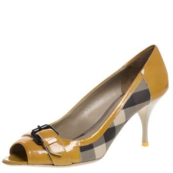 Pre Owned Burberry Mustard/Beige House Check PVC and Patent Leather Buckle Peep Toe Pumps Size 40