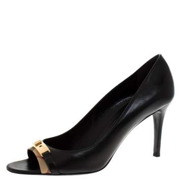 Pre Owned Burberry Black Leather And Canvas Trim Twist Lock Dunlow Peep Toe Pumps Size 41