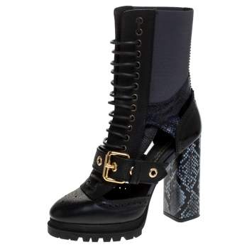 Pre Owned Burberry Black/Blue Leather And Snake Skin Buckle Mid Calf Boots Size 40