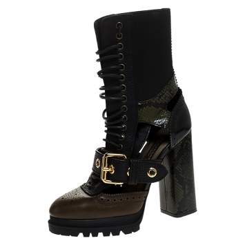 Pre Owned Burberry Black/Brown Leather and Snakeskin Water Marsh Ankle Boots Size 38.5