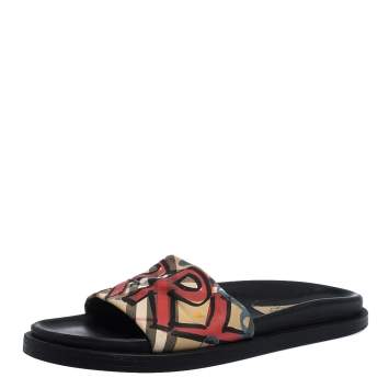 Pre Owned Burberry Multicolor Graffiti Print Vintage Check Canvas Slip On Slides Size 38.5