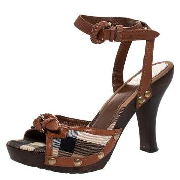 Pre Owned Burberry Brown Nova Check Canvas and Leather Ankle Strap Clog Sandals Size 37