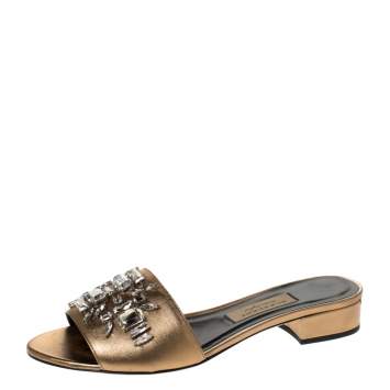 Pre Owned Burberry Metallic Gold Leather Crystal Embellished Flat Slides Size 38.5
