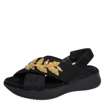Pre Owned Burberry Black/Gold Embroidered Fabric and Satin Actonshire Crisscross Sandals Size 37.5