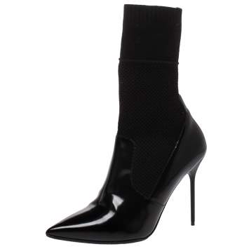 Pre Owned Burberry Black Patent Leather And Knit Stretch Fabric Pointed Toe Ankle Boots Size 38