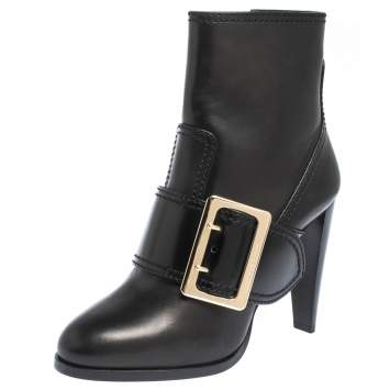 Pre Owned Burberry Black Leather Buckle Ankle Booties Size 39