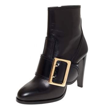 Pre Owned Burberry Black Leather Buckle Ankle Boots Size 40