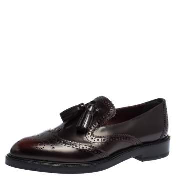 Pre Owned Burberry Burgundy Brogue Leather Tassel Detail Loafers Size 37