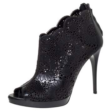 Pre Owned Burberry Black Leather Lazer Cut Peep Toe Ankle Booties Size 38