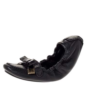 Pre Owned Burberry Black Leather Bow Scrunch Ballet Flats Size 41