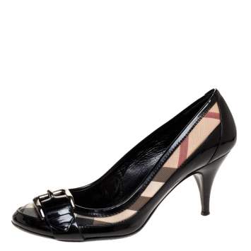 Pre Owned Burberry Black House Check Coated Canvas and Patent Leather Buckle Pumps Size 40