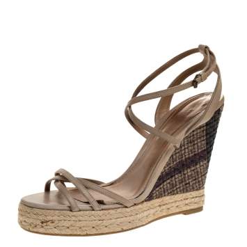 Pre Owned Burberry Pale Green Strappy Leather Woven Wedge Espadrille Sandals Size 39