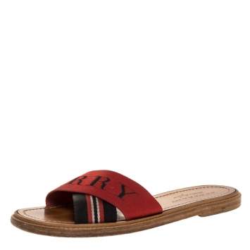 Pre Owned Burberry Red/Black Nylon Foley Flat Logo Slide Sandals Size 38.5