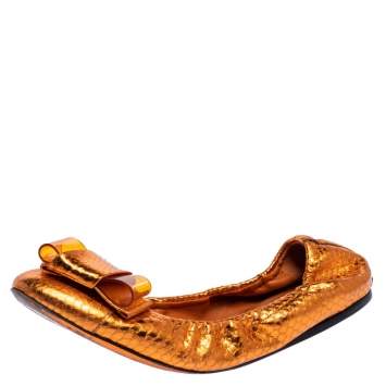 Pre Owned Burberry Metallic Orange Python Embossed Leather Surrey Ballet Flats Size 37
