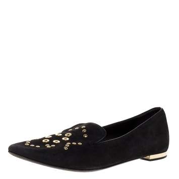 Pre Owned Burberry Black Suede Eyelet Detail Hoadley Tapestry Smoking Slippers Size 39