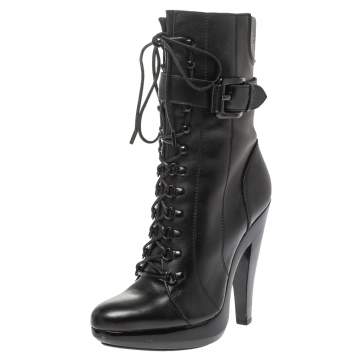 Pre Owned Burberry Black Leather Buckle Detail Boots Size 38