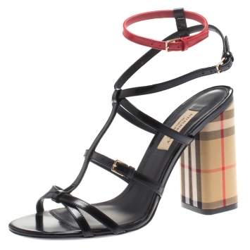 Pre Owned Burberry Black/Red Leather Anthea Strappy Sandals Size 39