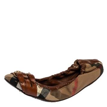 Pre Owned Burberry Brown House Check Canvas and Leather Falcony Scrunch Ballet Flats Size 37.5