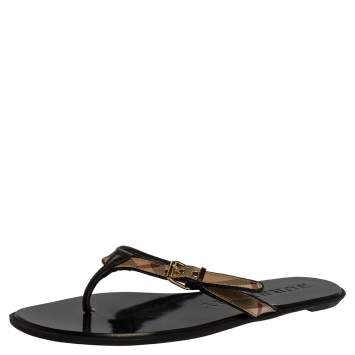 Pre Owned Burberry Black Leather and House Check Canvas Masie Belted Check Thong Sandals Size 37