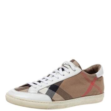 Pre Owned Burberry Brown Nova Check Canvas And White Leather Low Top Sneakers Size 36