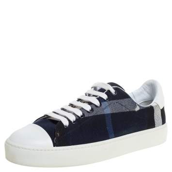 Pre Owned Burberry Blue/White Nova Check Canvas and Leather 'Westford' Lace Up Sneakers Size 36
