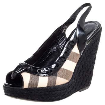 Pre Owned Burberry Black Patent And Check Canvas Slingback Platform Wedge Espadrilles Size 38