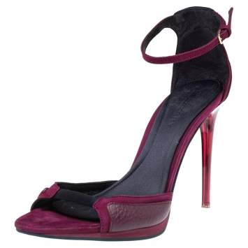 Pre Owned Burberry Purple Satin And Nubuck Ankle Strap Lucite Heel Sandals Size 37