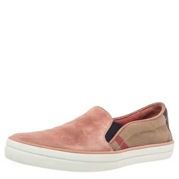 Pre Owned Burberry Pink Suede And Check Canvas Gauden Slip On Sneakers Size 36