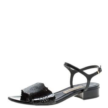 Pre Owned Burberry Black Patent Leather Laser Cut Ankle Strap Flat Sandals Size 37