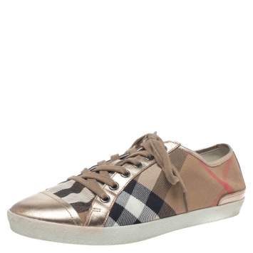 Pre Owned Burberry Metallic Gold Leather And Beige Canvas Low Top Lace Up Sneakers Size 40