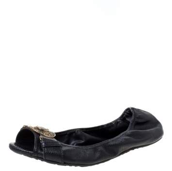 Pre Owned Burberry Black Leather Medallion Peep Toe Ballet Flats Size 39.5