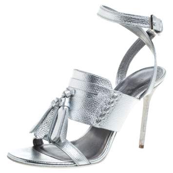 Pre Owned Burberry Metallic Silver Leather Bethany Ankle Strap Sandals Size 39